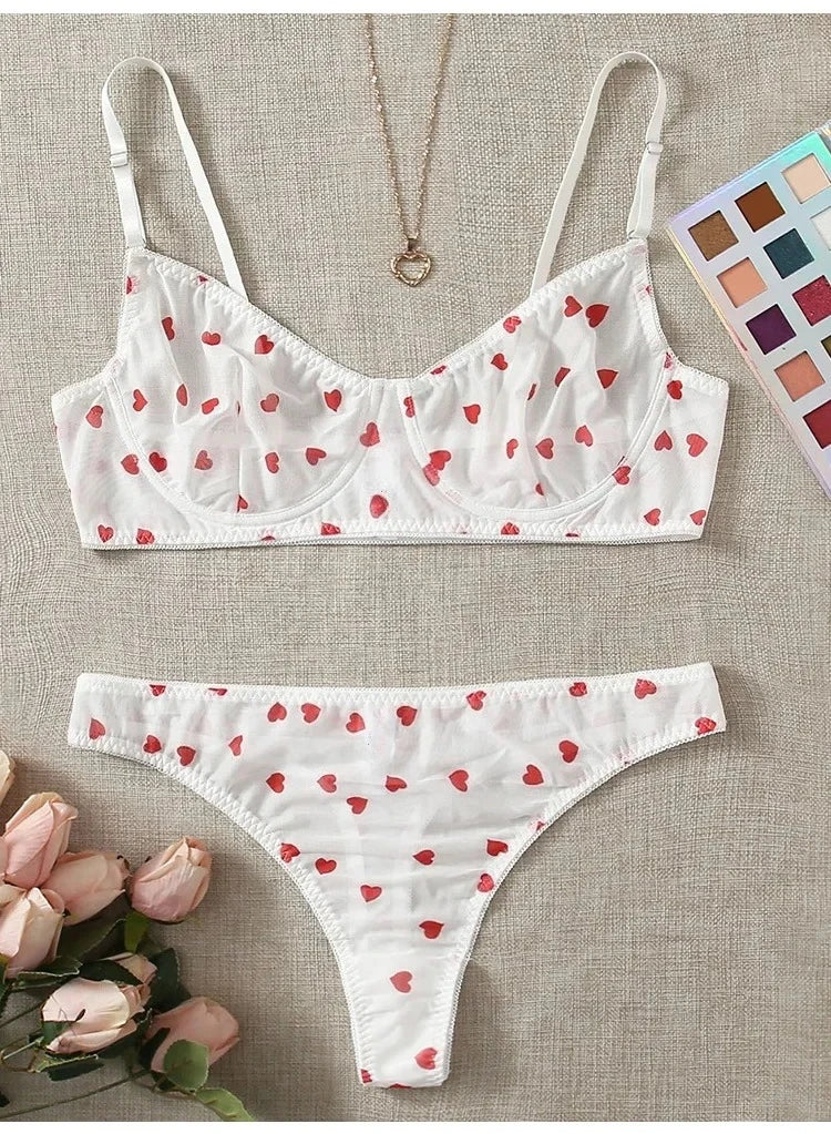 Ingeborg Heart Print Sheer Mesh Underwire Bra & Brief Lingerie Two-piece