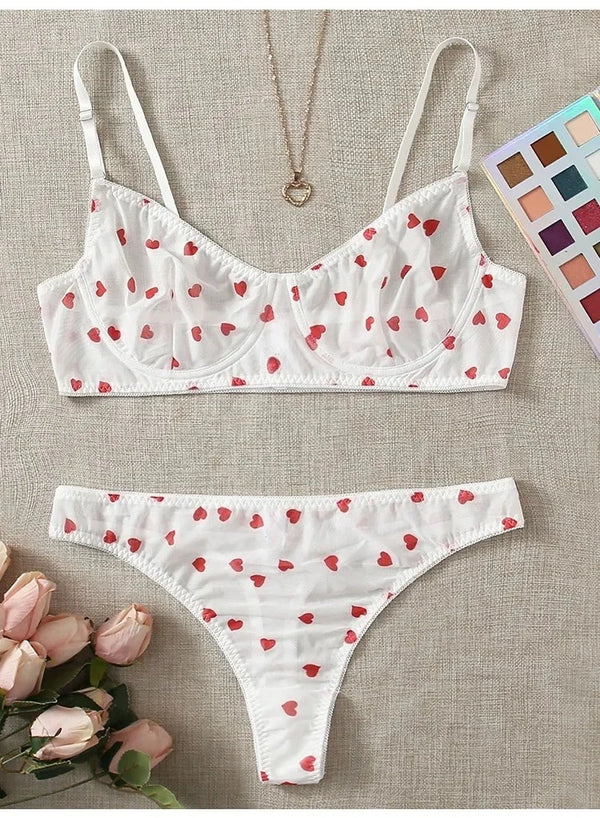 Ingeborg Heart Print Sheer Mesh Underwire Bra & Brief Lingerie Two-piece