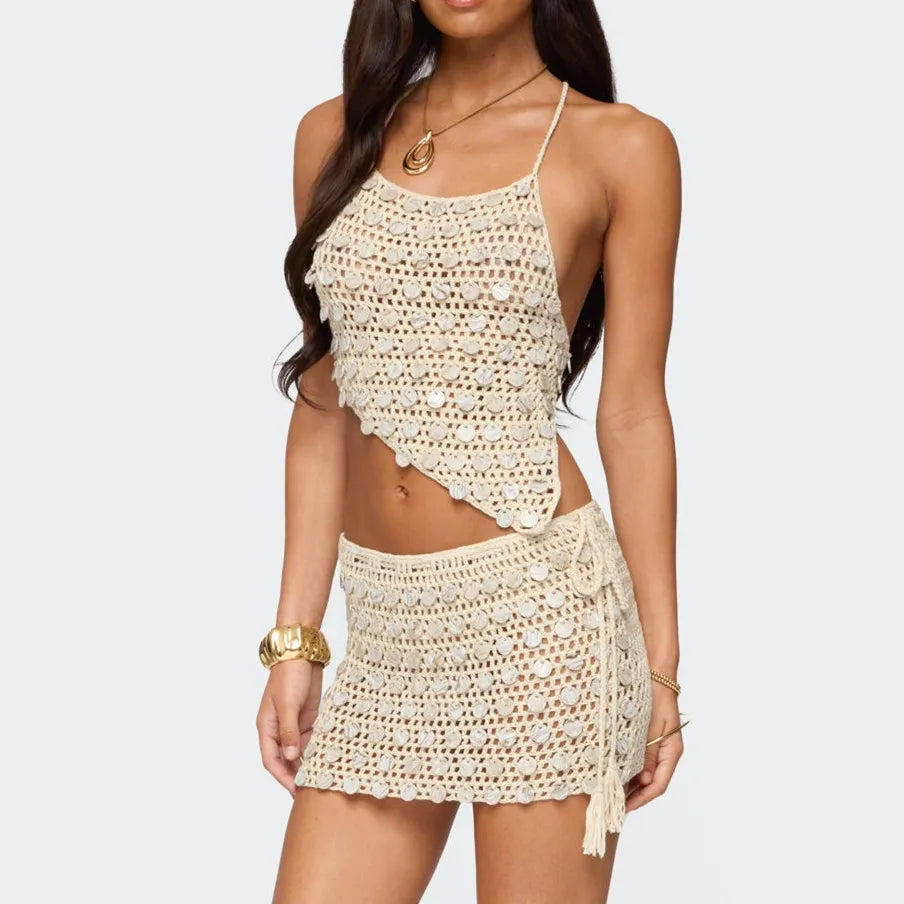Ivy Crochet Asymmetric Halter Top Bodycon Skirt Set