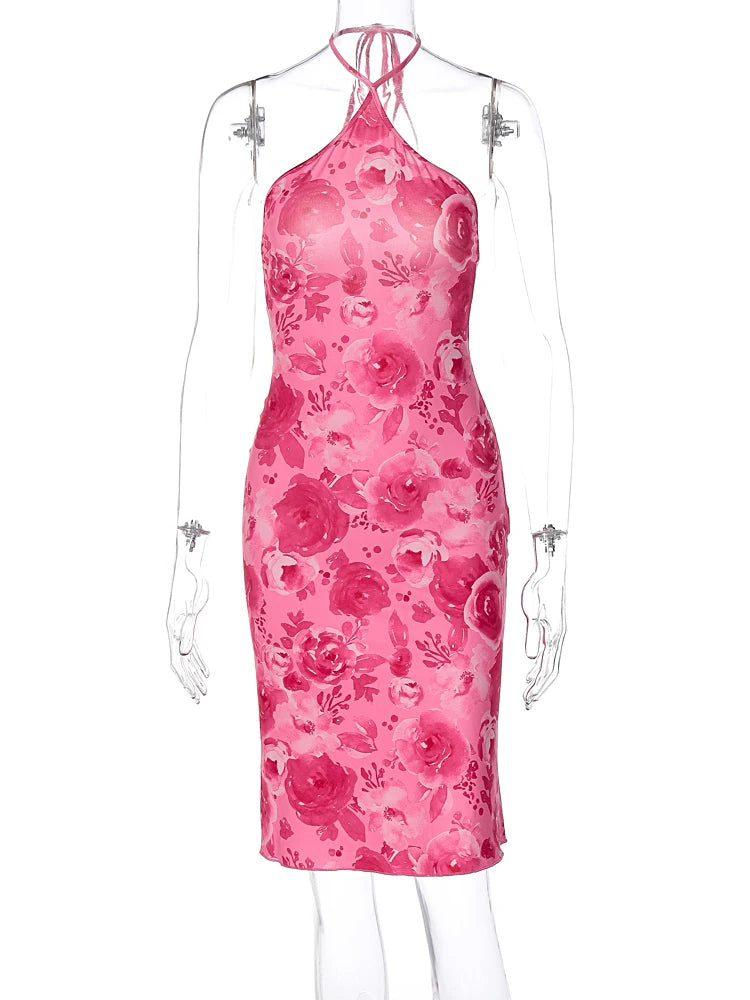 Rosalina Floral Halter Bodycon Midi Dress