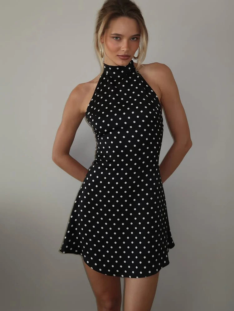 Hyacinthe Polka-Dot Tie-Halter Backless A-Line Mini Dress
