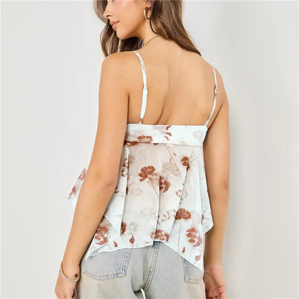hirigin Summer Boho Tank Tops for Women Beach Vacation Floral Print Cami Shirts Y2k Fashion Flowy Ruffle Vest Mesh Chiffon Tops