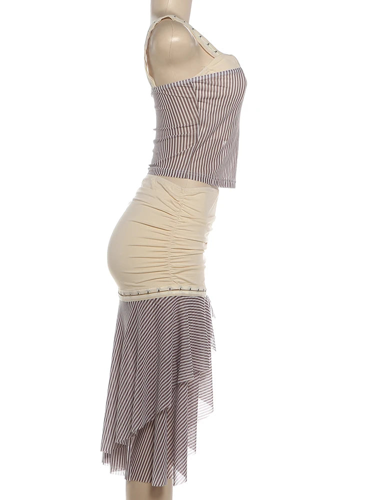 Katarina Ruched Ruffle Striped Mini Skirt Set Two-piece