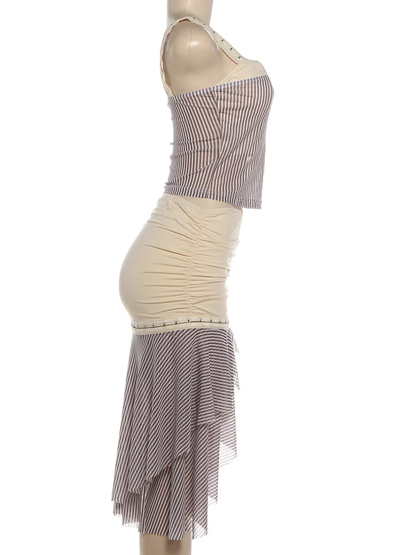 Katarina Ruched Ruffle Striped Mini Skirt Set Two-piece