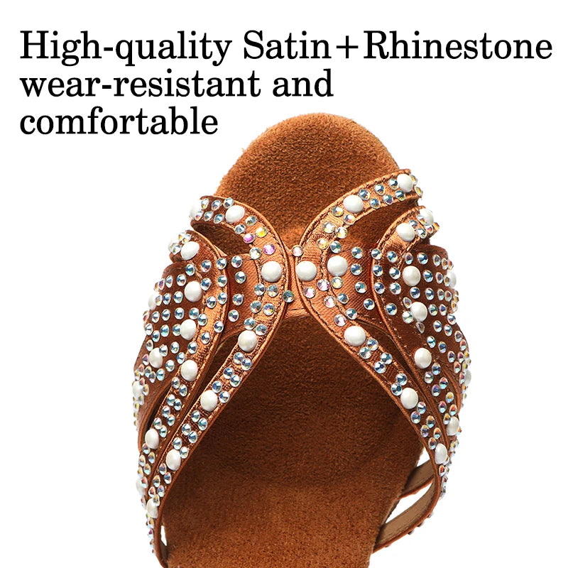 DKZSYIM Rhinestone Latin Dance Shoes Female Latin Salsa Girl Casual Shoes Black Bronze Skin Shiny Ballroom Dance Shoes Sandals