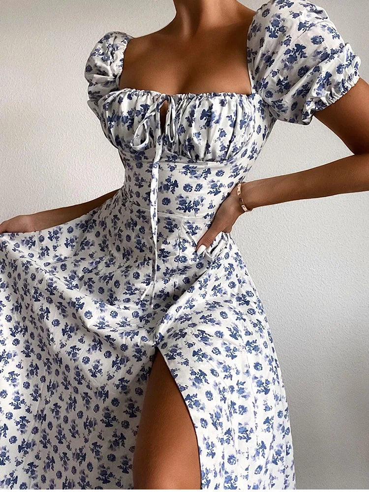 Annabeth Floral Square-Neck Puff-Sleeve Side-Split Maxi Dress