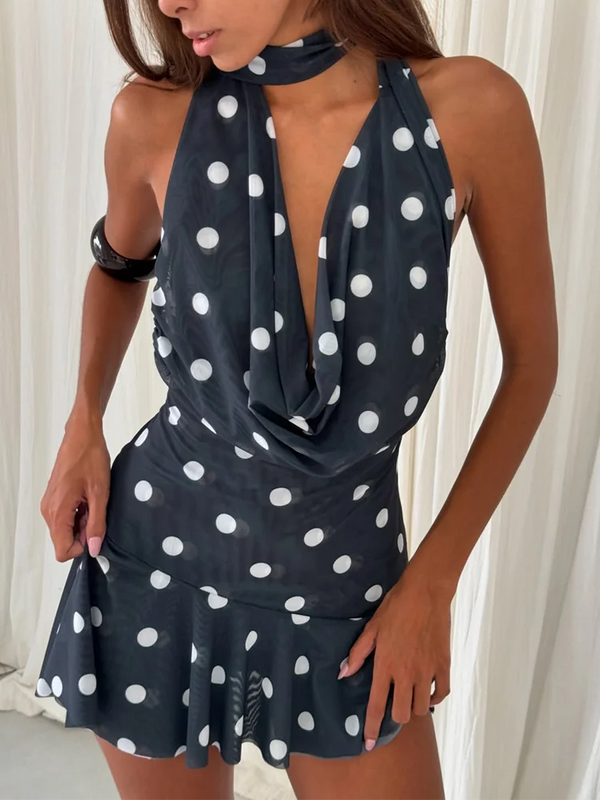 Marceline Navy Polka Dot Mesh Halter Mini Dress