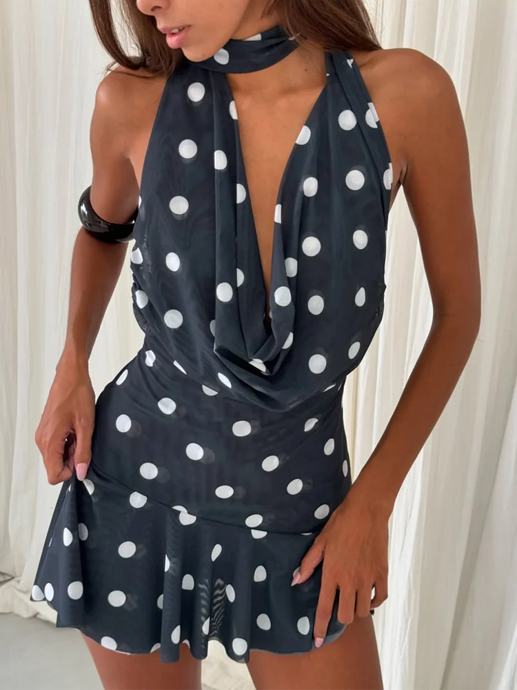 Marceline Navy Polka Dot Mesh Halter Mini Dress Main image