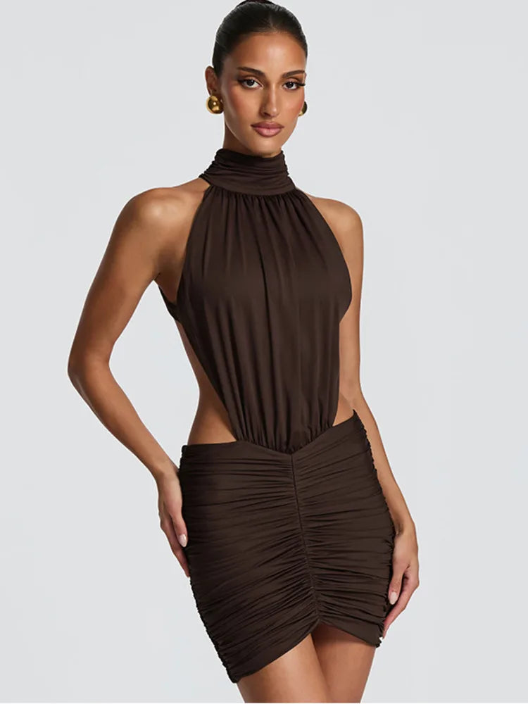 Marcella High-Neck Ruched Backless Mini Dress