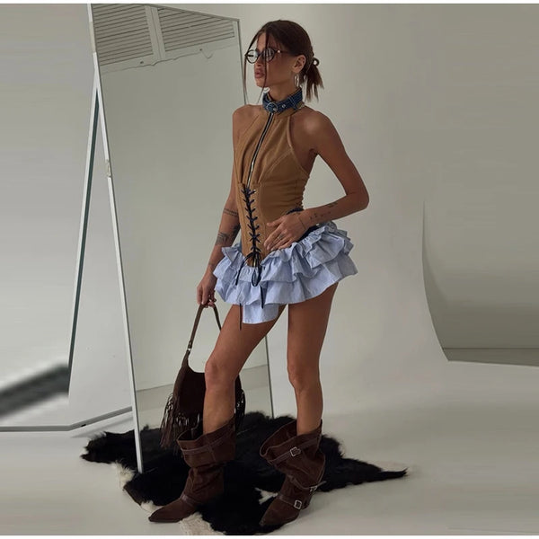 Talia Color-Block Denim Corset Mini Dress Collection