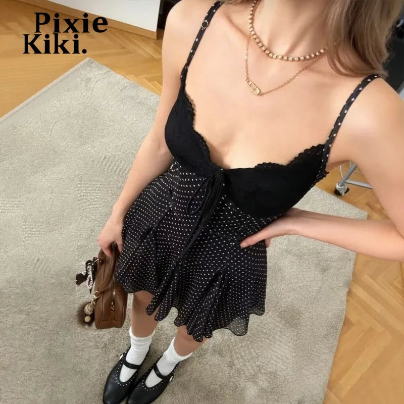 PixieKiki Polka Dot Black Deep V Neck Mini Dress French Style Sexy Women's Summer Sun Dresses 2026 P33-ED18