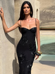 Isabella Spaghetti Strap Floral Embroidered Bodycon Maxi Dress