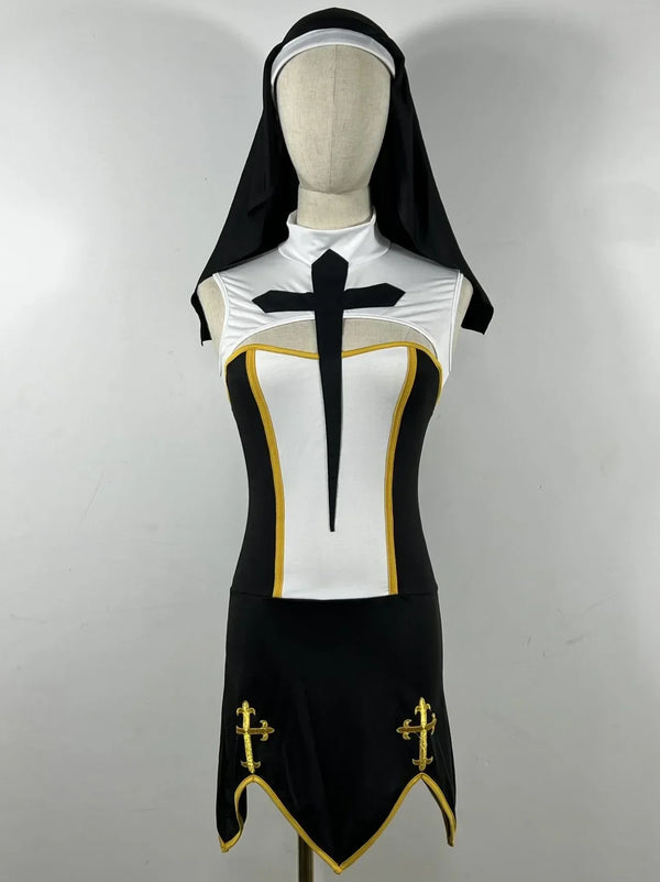 Benedetta Nun Cosplay Costume Set with Headpiece, Gloves & Stockings