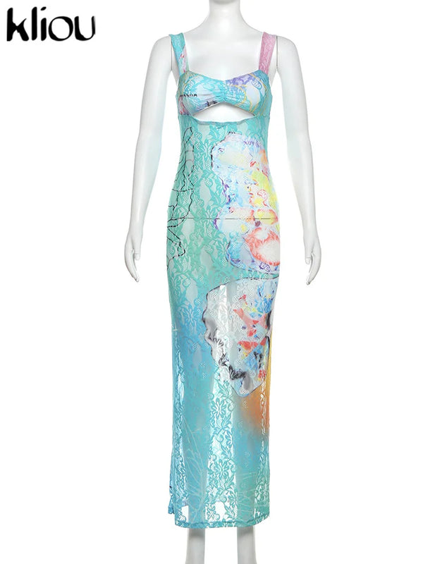 Wilhelmine Sheer Lace Gradient Print Cutout Cami Maxi Dress