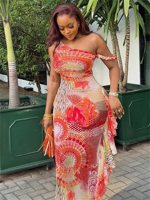 Raina Printed Sheer Asymmetrical Maxi Dress