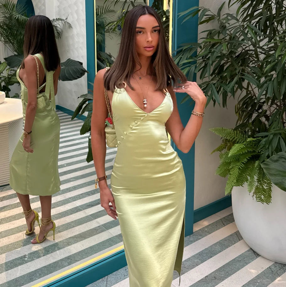 Liana Satin Deep-V Split Midi Dress