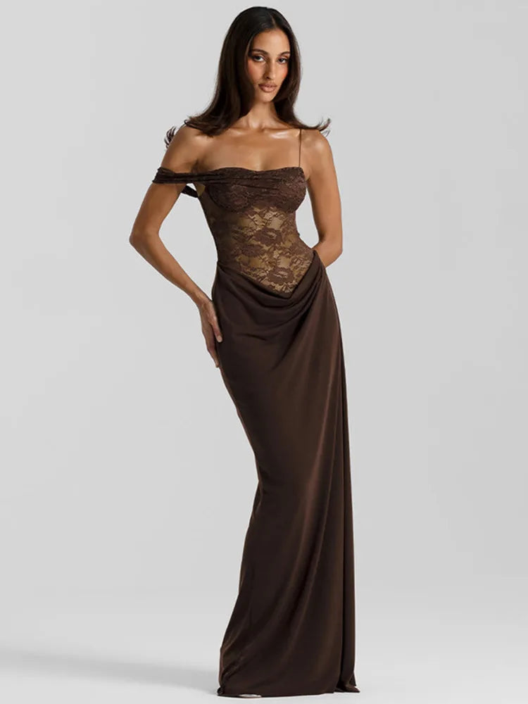 Valentina Cocoa Lace Draped Maxi Dress