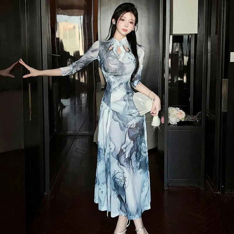 Yue Smudge-Print Plus-Size Qipao Maxi Dress