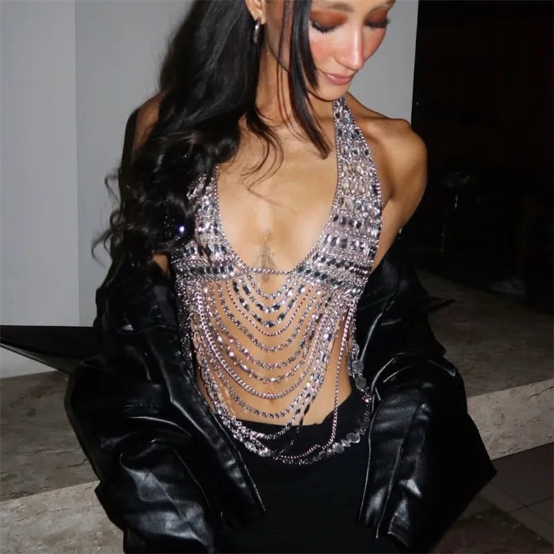 Women Rhinestone Halter Body Top Deep V Open Back Multi Layer Fringe Tassel Crystal Chain Crop Vest Nightclub Rave Jewelry Top