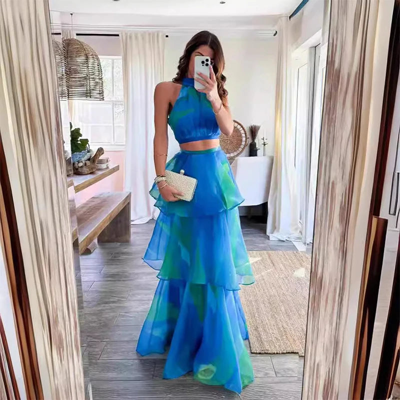 Jolanda Tie-Dye Print Halter Crop Top & Tiered Ruffle Maxi Skirt
