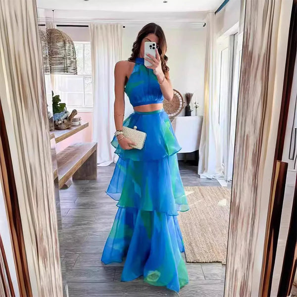 Jolanda Tie-Dye Print Halter Crop Top & Tiered Ruffle Maxi Skirt