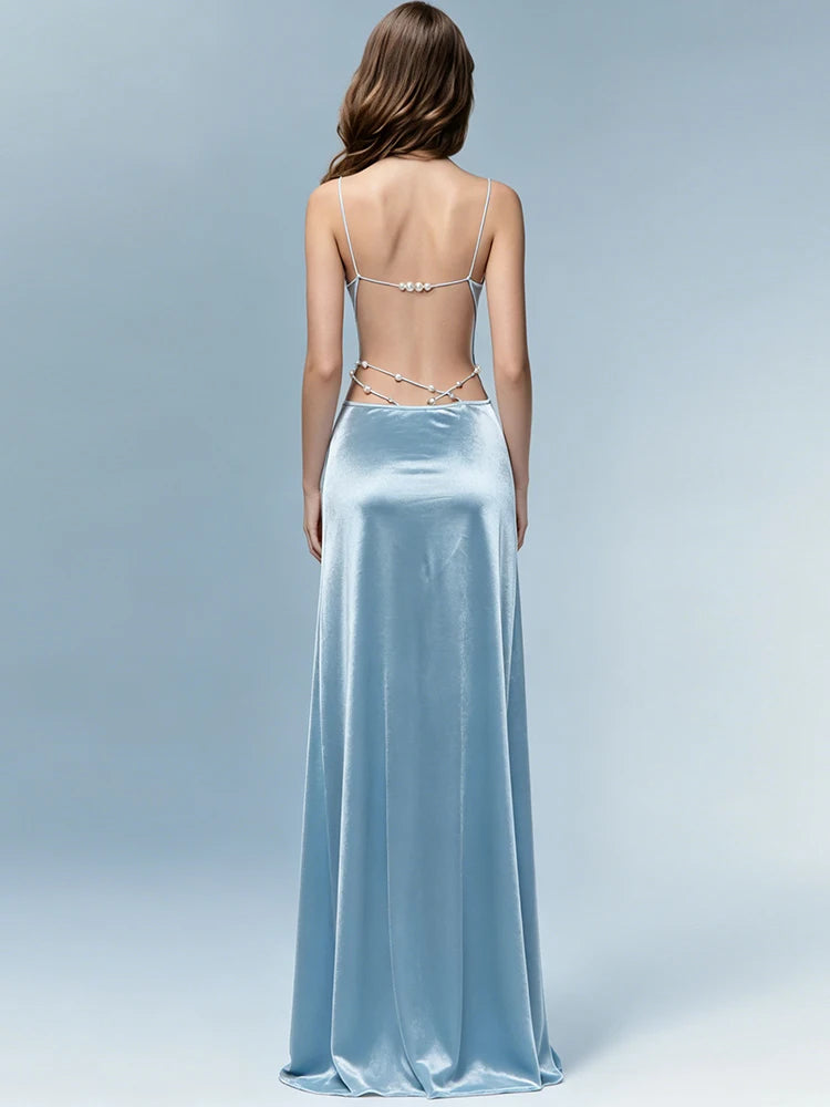 Amina Beaded Satin Cowl-Neck Maxi Dress