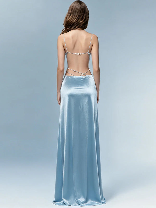 Amina Beaded Satin Cowl-Neck Maxi Dress