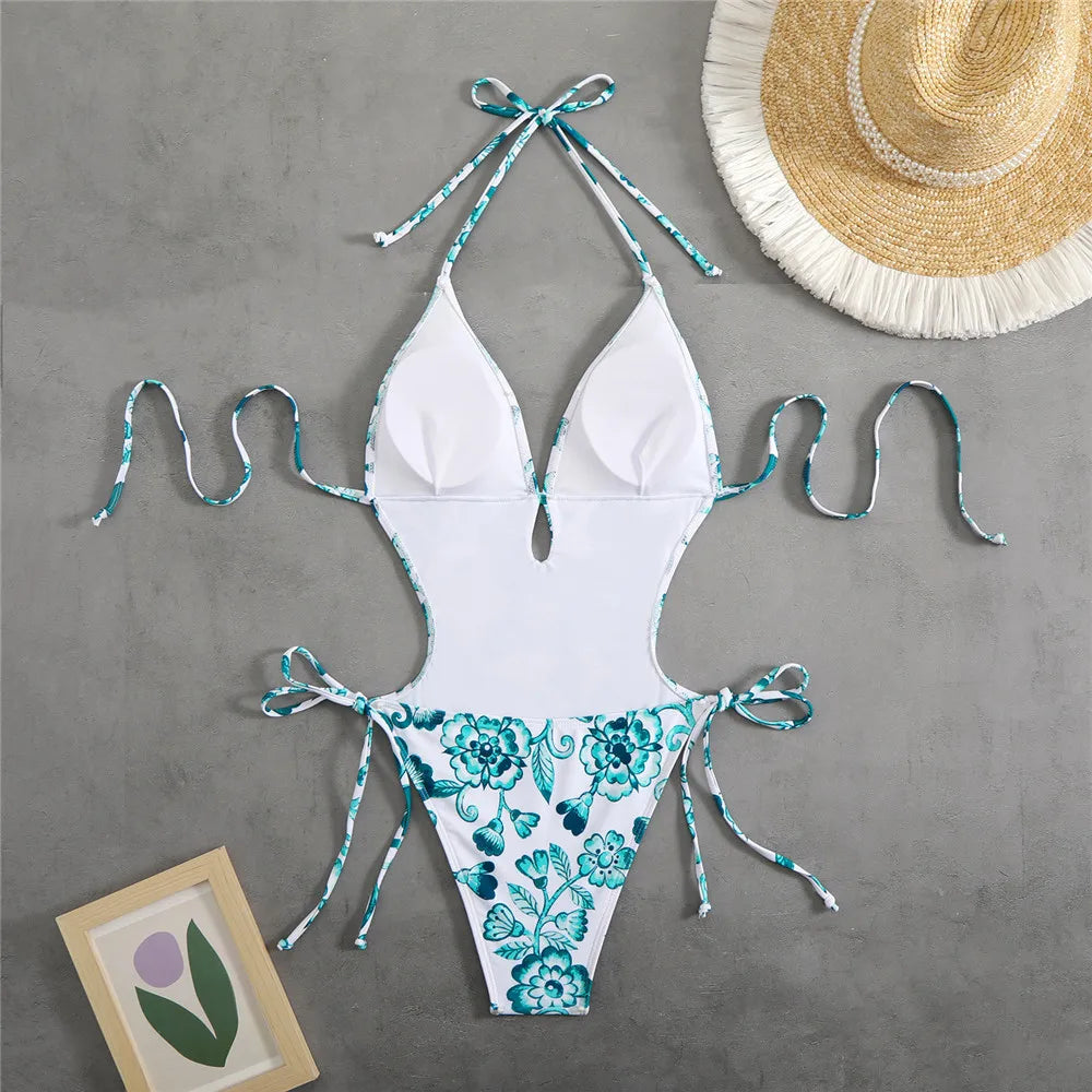 Ingrith Vintage Floral String Halter Cutout Backless One-Piece Swimsuit