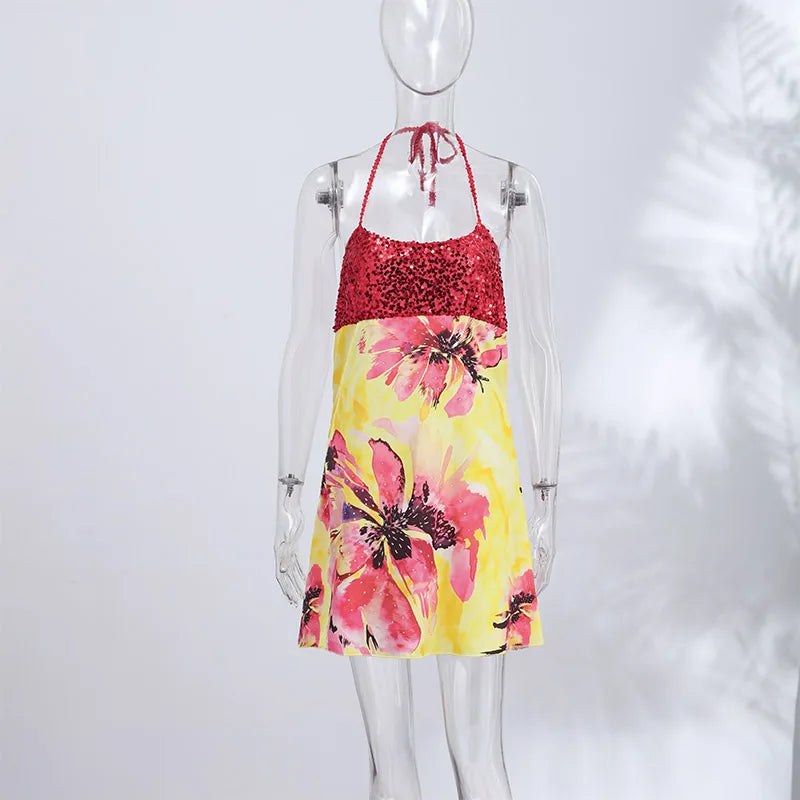 Alessia Sequin Print Halter Mini Dress