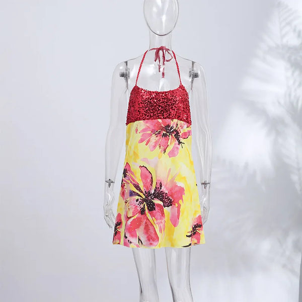 Alessia Sequin Print Halter Mini Dress