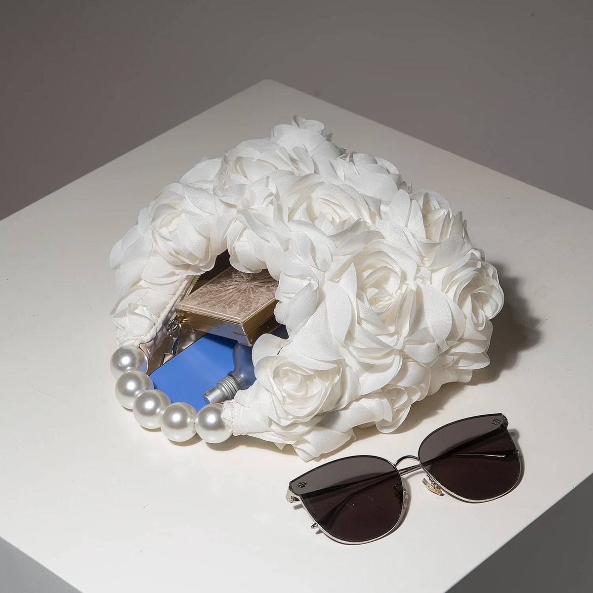 Rosalind Satin Rosette Pearl-Handle Half-Moon Evening Bag