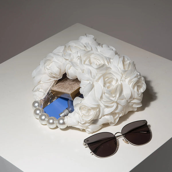 Rosalind Satin Rosette Pearl-Handle Half-Moon Evening Bag