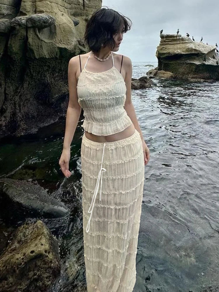 Daria Mesh Ruched Halter Maxi Skirt Set Two-piece