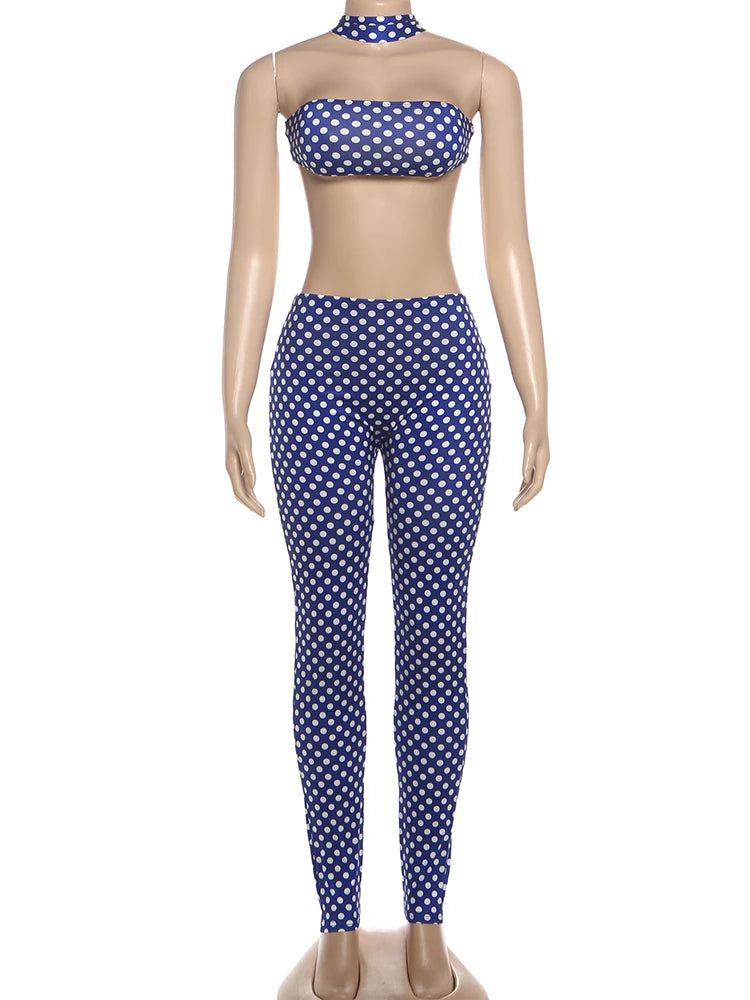 Kliou Sexy Fashion 2 Piece Set Woman Polka Dot Print Irregular Halter Backless Tank Tops+Skinny Long Pants Hot Girls Street Suit