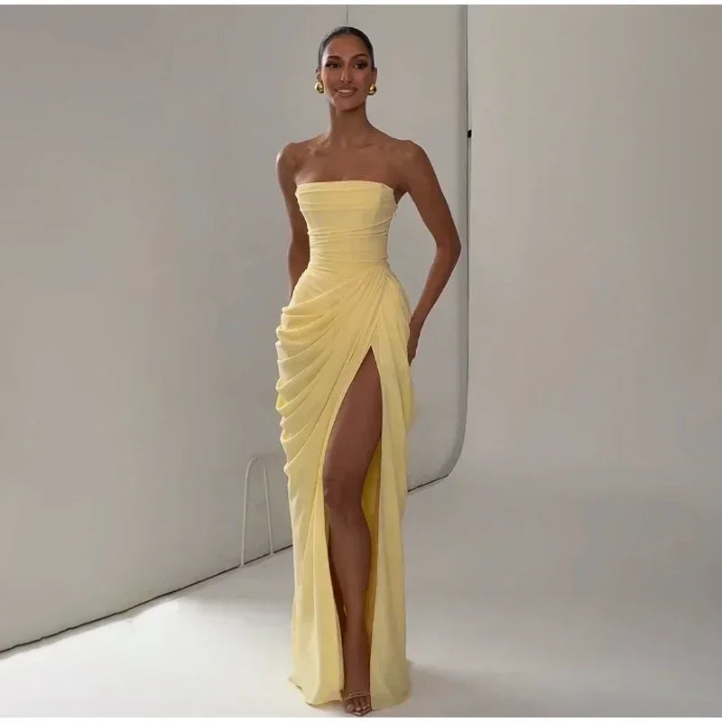 Elise Strapless Pleated Slit Maxi Dress