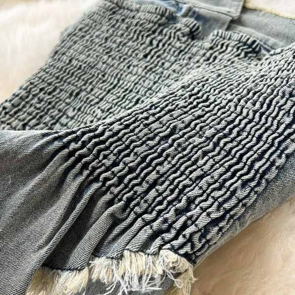 Jocelyn Ruched Denim Asymmetrical Midi Skirt Set Two-piece