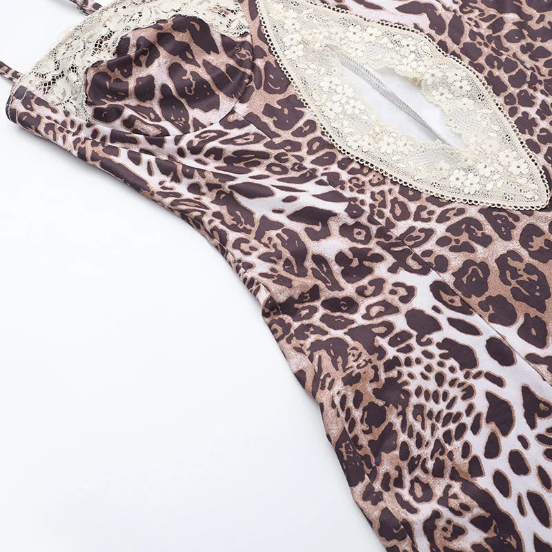 Vionette Leopard Lace-Trim Cutout Maxi Dress
