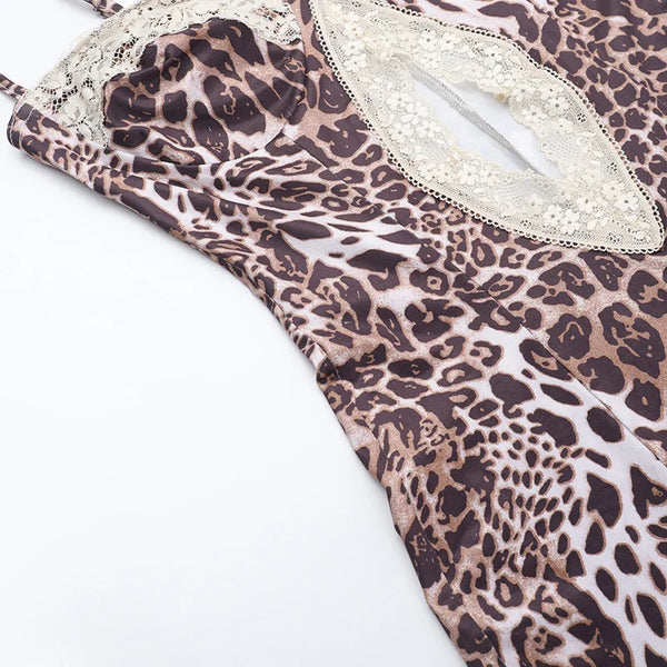 Vionette Leopard Lace-Trim Cutout Maxi Dress