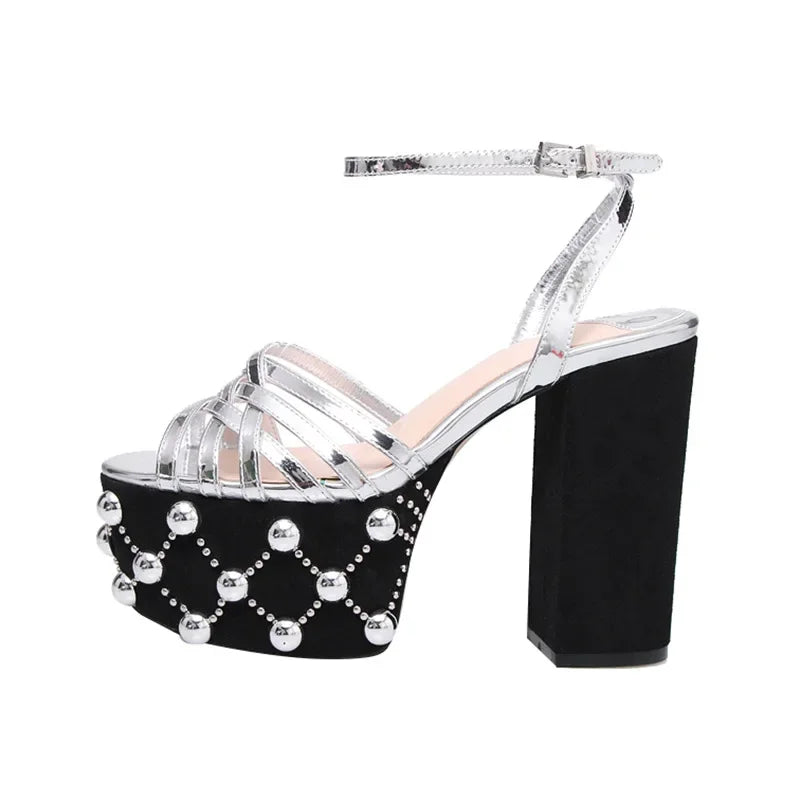2026 Luxury Brand Women's Summer Fashion Metal Platform Sandals Large 34-42 Super High Heel Thick Bottom Rivet Party Women Shoes