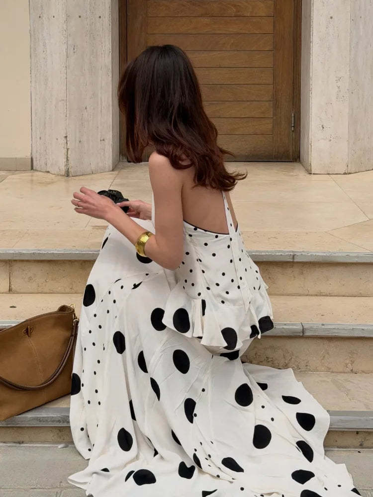 Cambria Polka-Dot Flowy Halter Maxi Dress