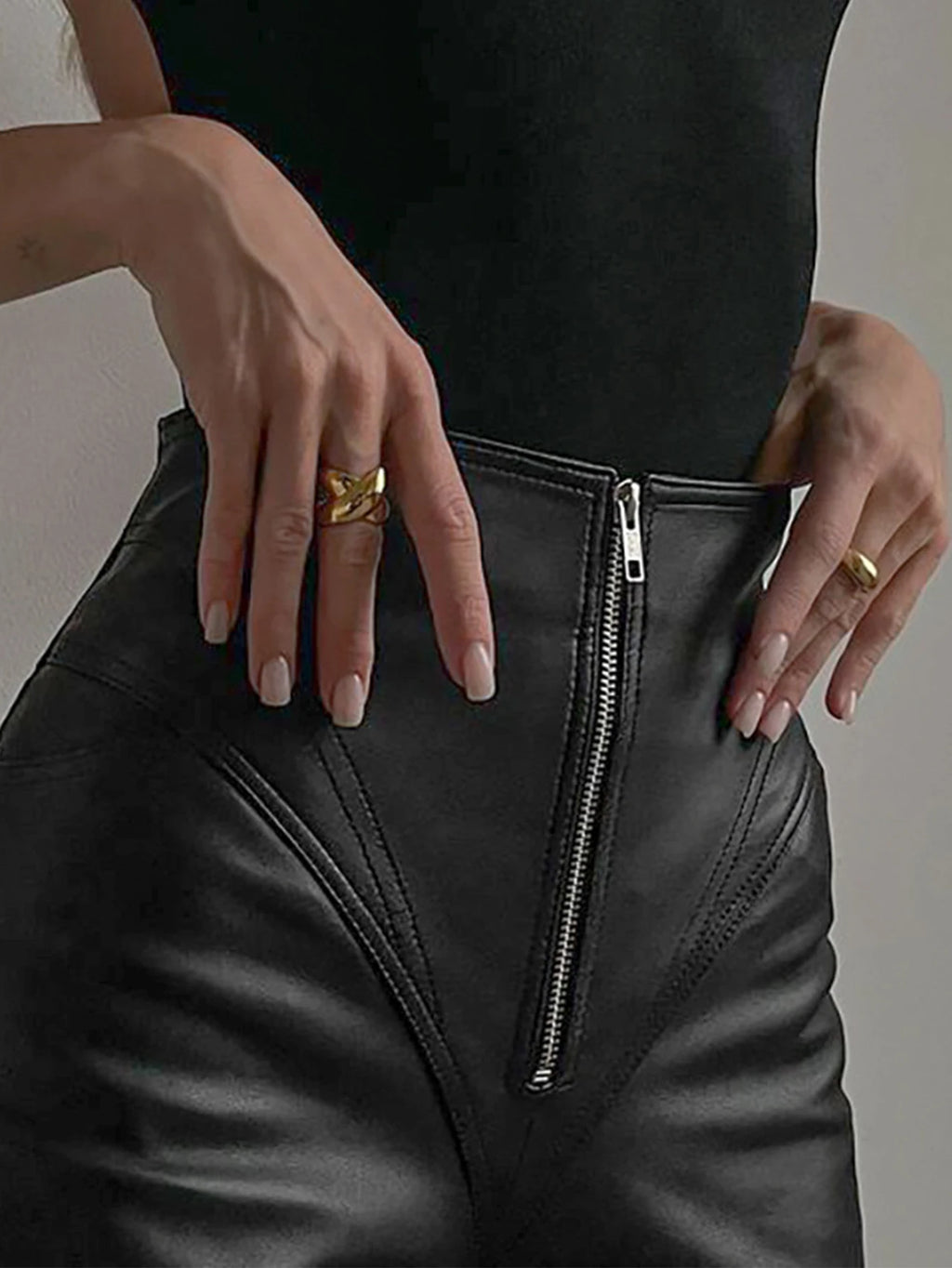 Wendeline High-Waist Zip-Front Faux Leather Straight Pants One-piece