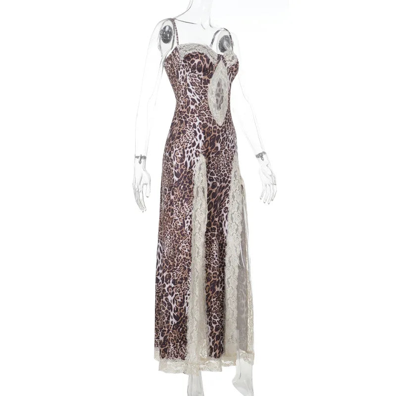 Vionette Leopard Lace-Trim Cutout Maxi Dress