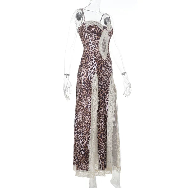 Vionette Leopard Lace-Trim Cutout Maxi Dress