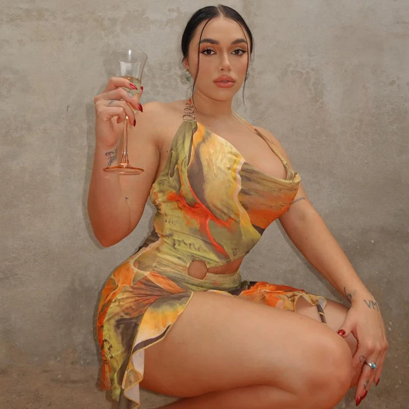 Eliana Scenery-Print Halter Ruffle Mini Dress