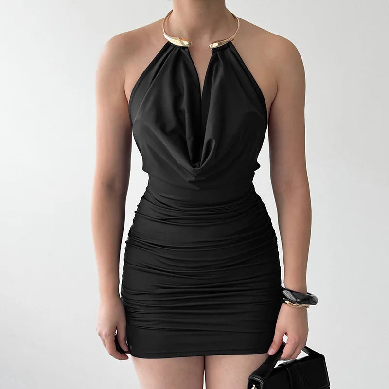 Davina Metal-Ring Ruched Backless Mini Dress