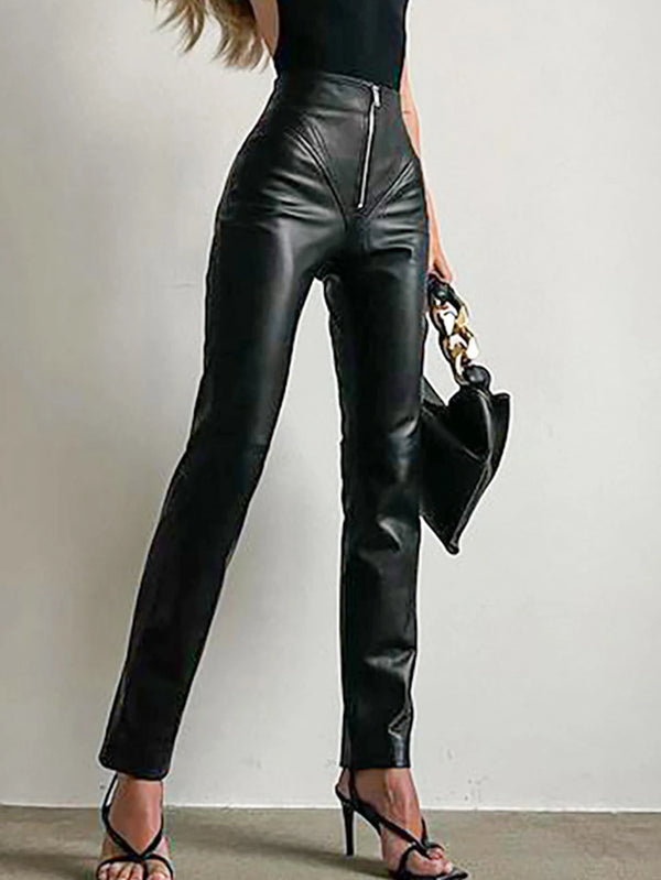 Wendeline High-Waist Zip-Front Faux Leather Straight Pants One-piece