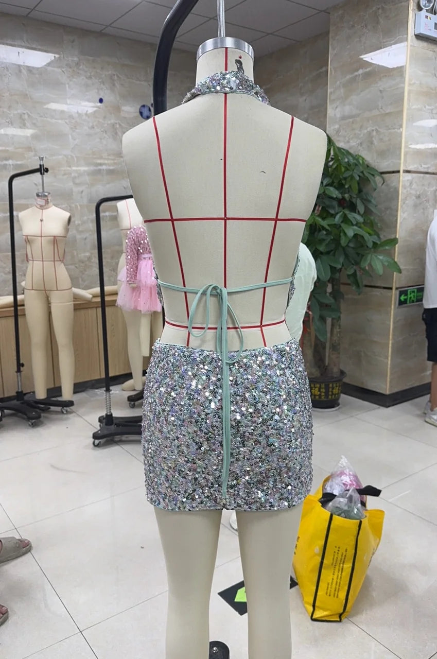 Wynonna Sequin Halter Cowl Crop Top & Mini Skirt Set