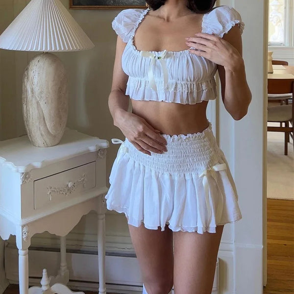 Maisie Ruffle Puff-Sleeve Mini Skirt Set Two-piece
