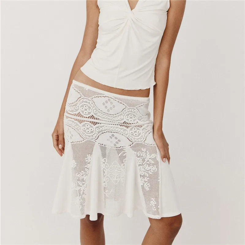 Ysabeau Y2K Crochet Lace Low-Rise Flared Midi Skirt One-piece Main image