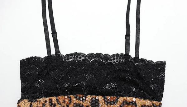 Solveig Sequin Leopard Lace-Trim Cami Bodycon Mini Dress